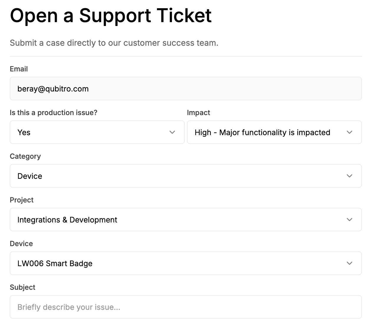 Qubitro Portal Support Ticket System